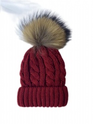 ladies  cable beanie with detachable fur pom pom